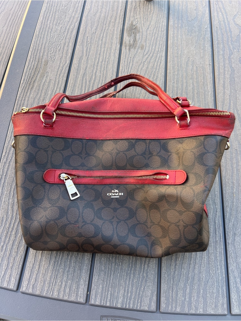 Coach Brown Signature Canvas Shoulder Bag with Red Trim and Handles